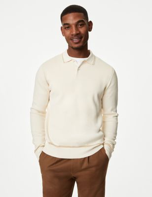 M&S Mens Pure Supima® Cotton Tipped Knitted Polo Shirt - SREG - Ecru, Ecru,Navy