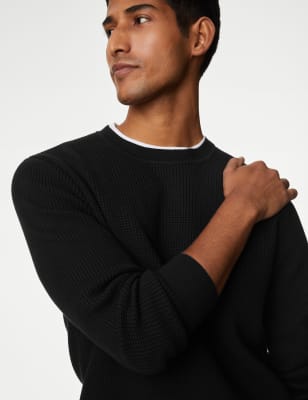 M&S Men's Cotton Blend Textured Crew Neck Jumper - XSREG - Black, Black