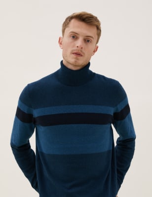 

Mens M&S Collection Cotton Rich Chest Stripe Roll Neck Jumper - Teal Mix, Teal Mix