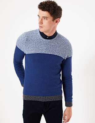 Pull en coton &agrave; encolure ronde et motif color block