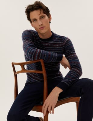

Mens M&S Collection Pullover aus reiner, extrafeiner Lammwolle mit Norwegermuster - Navy Mix, Navy Mix
