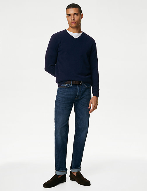 Marks And Spencer Mens M&S Collection Pure Extra Fine Lambswool V-Neck Jumper - Navy, Navy