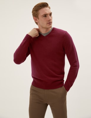 

Mens M&S Collection Pullover mit V-Ausschnitt aus besonders feiner, reiner Lammwolle - Brick, Brick