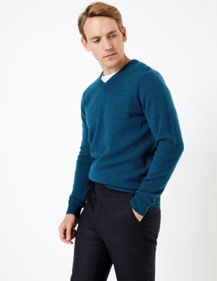 Dark Teal Marl, Mens Lambswool V Neck Jumper