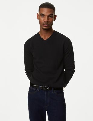 Marks And Spencer Mens M&S Collection Pure Extra Fine Lambswool V-Neck Jumper - Black, Black