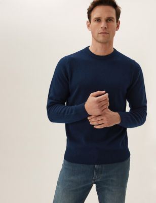 Mens M&S Collection Pure Extra Fine Lambswool Crew Neck Jumper - Navy, Navy