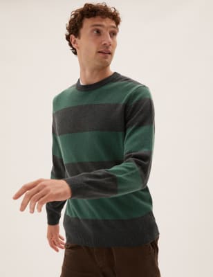 

Mens M&S Collection Gestreifter Pullover aus reiner Lammwolle mit Rundhalsausschnitt - Green Mix, Green Mix