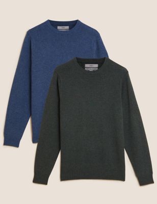 

Mens M&S Collection 2 Pack Pure Lambswool Crew Neck Jumpers - Medium Blue Mix, Medium Blue Mix