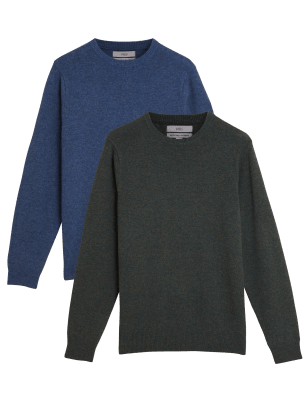 

Mens M&S Collection 2 Pack Pure Lambswool Crew Neck Jumpers - Medium Blue Mix, Medium Blue Mix