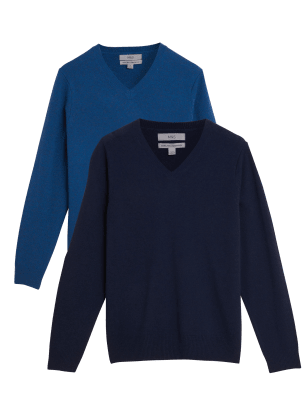 

Mens M&S Collection 2 Pack Pure Lambswool V-Neck Jumpers - Navy Mix, Navy Mix