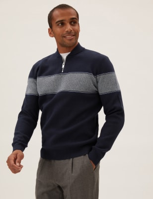 

Mens M&S Collection Cotton Blend Chest Stripe Half Zip Jumper - Navy Mix, Navy Mix