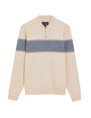 

Mens M&S Collection Pullover aus Baumwollmischgewebe mit Bruststreifen und halbem Reißverschluss - Ecru Mix, Ecru Mix