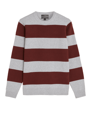 

Mens M&S Collection Cotton Blend Striped Crew Neck Jumper - Grey Mix, Grey Mix