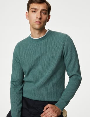 

Mens M&S Collection Cotton Blend Textured Crew Neck Jumper - Light Green, Light Green