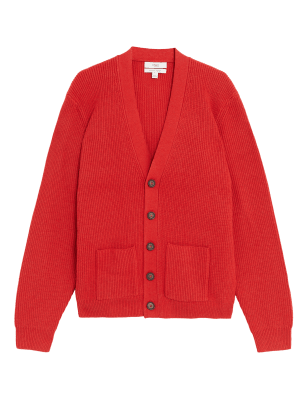 

Mens M&S Collection Bequeme Rippenstrickjacke aus Baumwollmischgewebe mit V-Ausschnitt - Red, Red