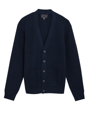 

Mens M&S Collection Cotton Blend Ribbed V-Neck Relaxed Cardigan - Navy, Navy