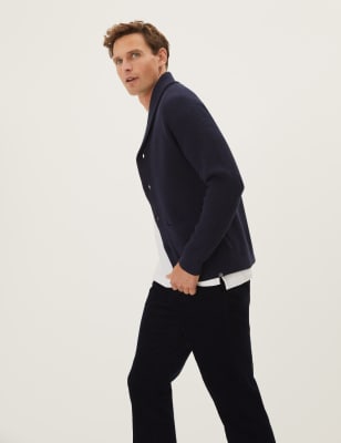 

Mens M&S Collection Cotton Blend Ribbed Shawl Collar Cardigan - Navy, Navy