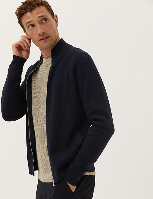 Marks And Spencer Mens M&S Collection Cotton Blend Zip Up Knitted Jacket - Dark Navy, Dark Navy