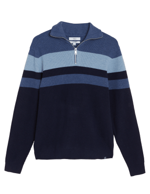 

Mens M&S Collection Cotton Blend Striped Half Zip Jumper - Navy Mix, Navy Mix