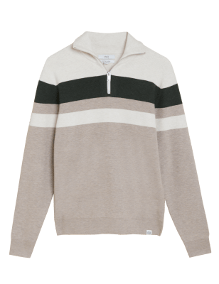 

Mens M&S Collection Cotton Blend Striped Half Zip Jumper - Neutral, Neutral