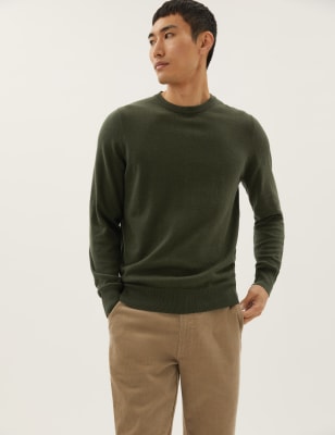 Marks And Spencer Mens M&S Collection Pure Cotton Crew Neck Jumper - Moss Green