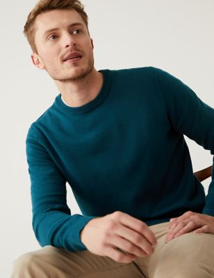 Marks And Spencer Mens M&S Collection Pure Cotton Crew Neck Jumper - Teal Mix, Teal Mix