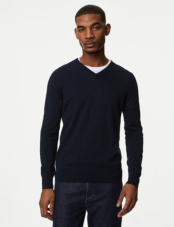 Pure Cotton V-Neck Knitted Jumper - CA