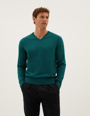 Marks And Spencer Mens M&S Collection Pure Cotton V-Neck Knitted Jumper - Dark Green