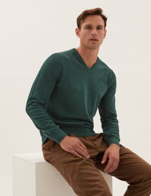 

Mens M&S Collection Pullover mit V-Ausschnitt aus reiner Baumwolle - Forest Green, Forest Green