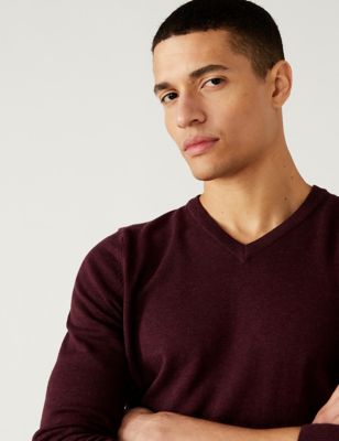 Marks And Spencer Mens M&S Collection Pure Cotton V-Neck Knitted Jumper - Cranberry