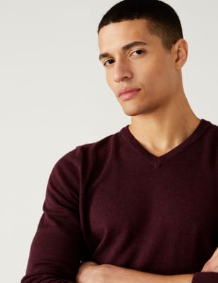 Marks And Spencer Mens M&S Collection Pure Cotton V-Neck Knitted Jumper - Cranberry