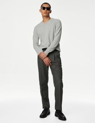 Marks And Spencer Mens M&S Collection Pure Cotton V-Neck Knitted Jumper - Light Grey, Light Grey