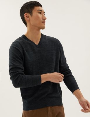Marks And Spencer Mens M&S Collection Pure Cotton V-Neck Knitted Jumper - Dark Grey, Dark Grey