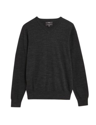 Mens M&S Collection Pure Cotton V-Neck Knitted Jumper - Dark Grey