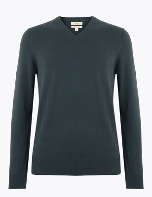 Pure Cotton V-Neck Knitted Jumper