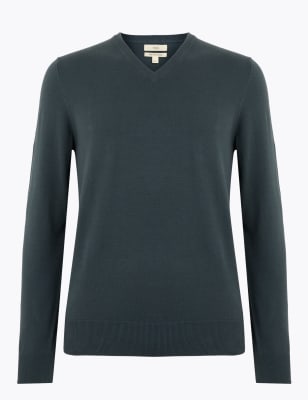 Pure Cotton V-Neck Knitted Jumper