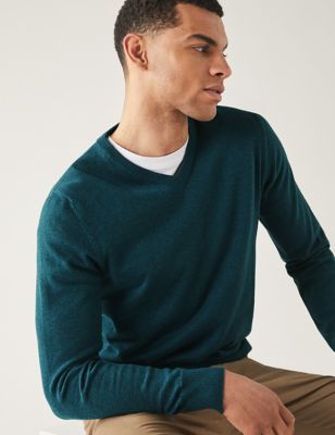 Marks And Spencer Mens M&S Collection Pure Cotton V-Neck Knitted Jumper - Teal Mix, Teal Mix