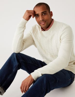 Marks And Spencer Mens M&S Collection Cotton Blend Cable Crew Neck Jumper - Ecru, Ecru