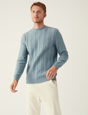 Marks And Spencer Mens M&S Collection Cotton Blend Cable Crew Neck Jumper - Pale Blue