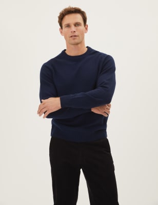 Marks And Spencer Mens M&S Collection Pure Extra Fine Lambswool Crew Neck Jumper - Navy, Navy