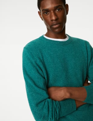 M&S Mens Pure Extra Fine Lambswool Crew Neck Jumper - SREG - Emerald, Emerald,Dark Navy,Soft Blue,Be