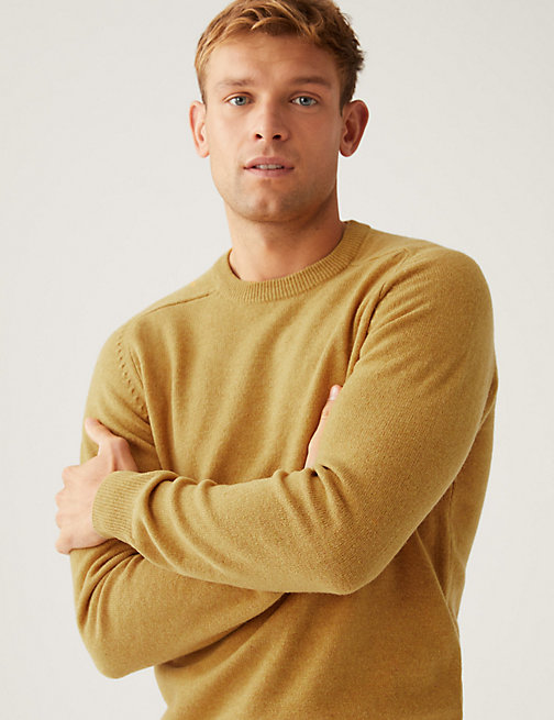 Marks And Spencer Mens M&S Collection Pure Extra Fine Lambswool Crew Neck Jumper - Mustard, Mustard