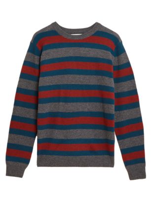 Mens M&S Collection Pure Extra Fine Lambswool Striped Jumper - Red Mix