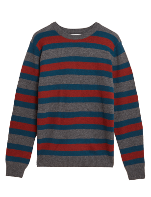 Mens M&S Collection Pure Extra Fine Lambswool Striped Jumper - Red Mix