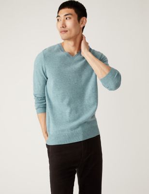 Marks And Spencer Mens M&S Collection Pure Extra Fine Lambswool V-Neck Jumper - Light Blue, Light Blue