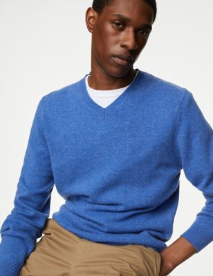 

Mens M&S Collection Pure Extra Fine Lambswool V-Neck Jumper - Blue Mix, Blue Mix