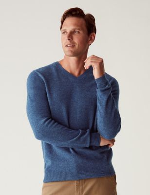 Marks And Spencer Mens M&S Collection Pure Extra Fine Lambswool V-Neck Jumper - Mid Blue