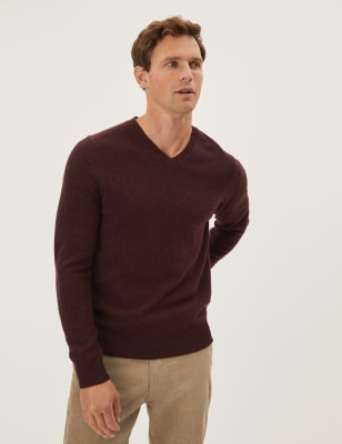 Marks And Spencer Mens M&S Collection Pure Extra Fine Lambswool V-Neck Jumper - Burgundy