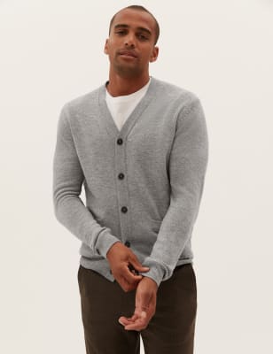 

Mens M&S Collection Strickjacke mit V-Ausschnitt aus reiner, extrafeiner Lammwolle - Mid Grey, Mid Grey