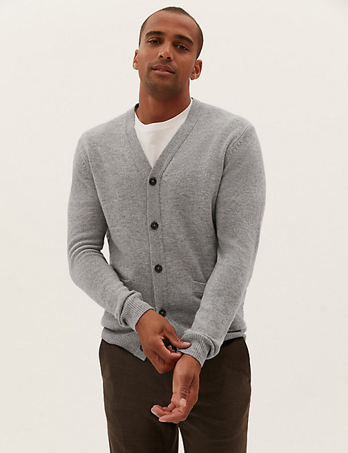Marks And Spencer Mens M&S Collection Pure Extra Fine Lambswool V-Neck Cardigan - Mid Grey, Mid Grey